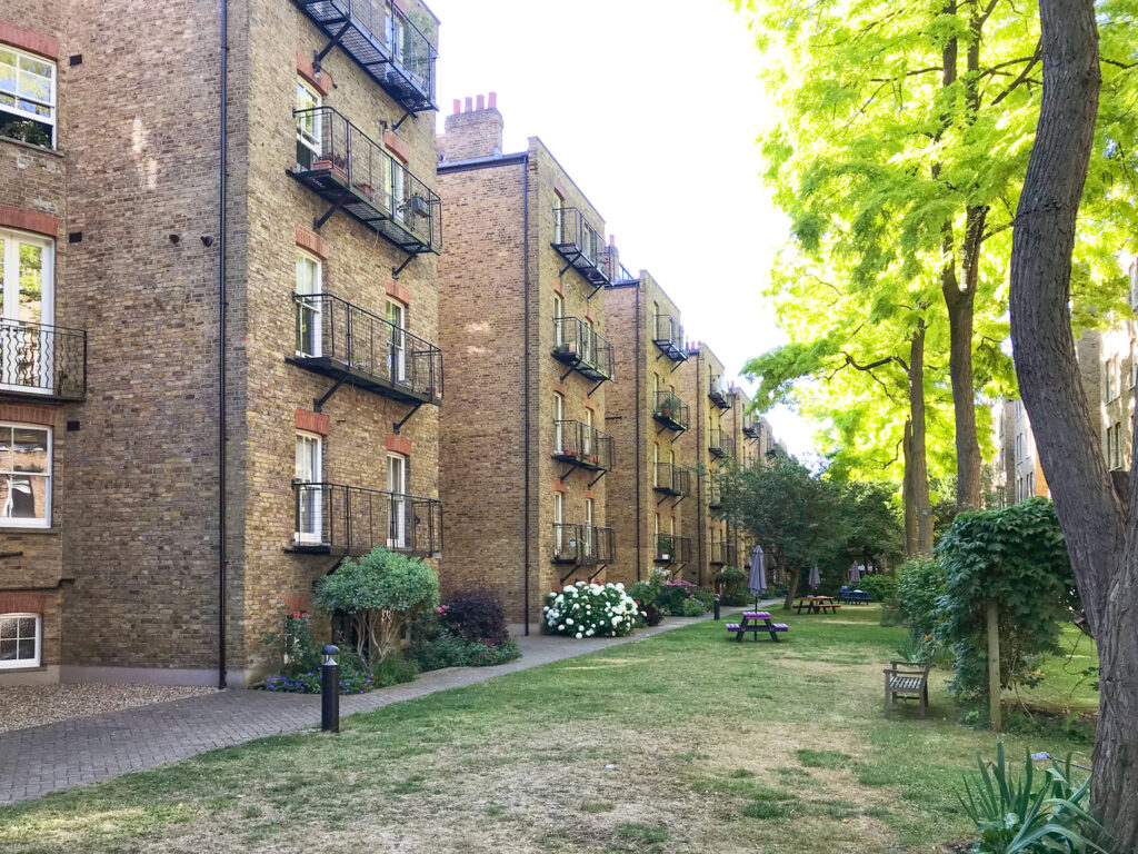 A view of the communal gardens at the rear of Morshead Mansions in summer